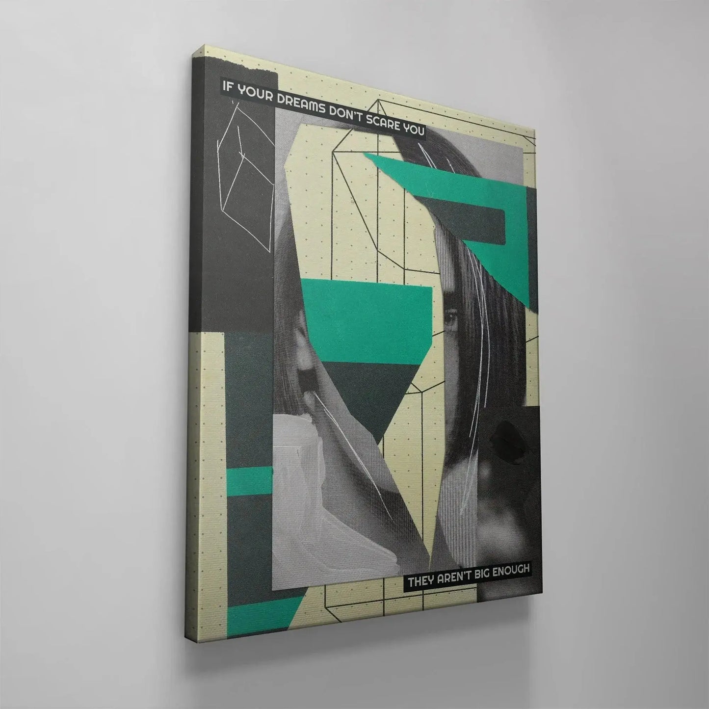 Detail focusing on the geometric yellow grid background pattern in the Big Dreams Scare design.