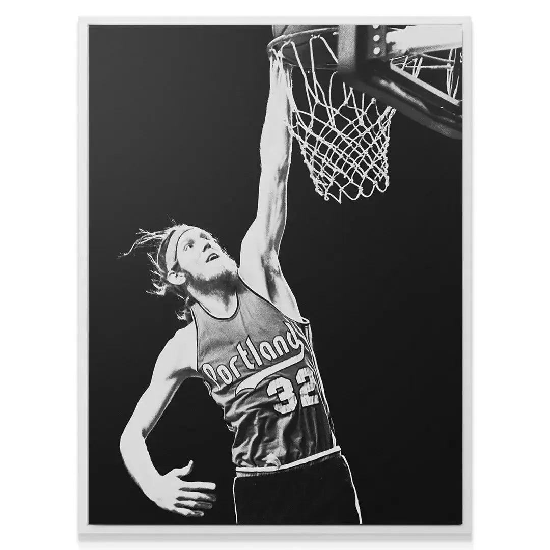 Detailed textural view of Bill Walton - #2's Portland jersey and headband during a historic play moment.