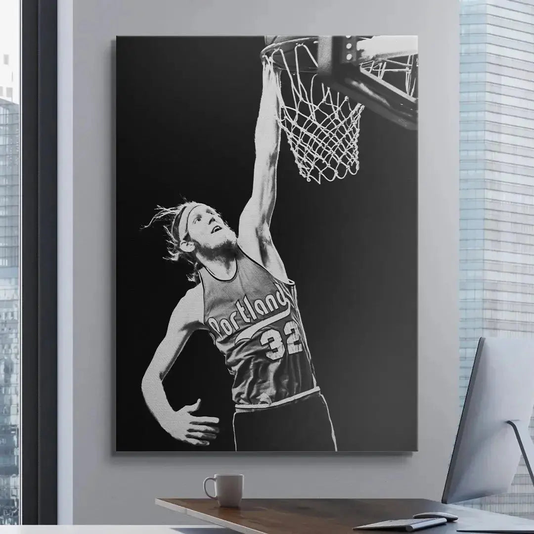 Lifestyle view of the Bill Walton - #2 iconic print mounted on a modern wall display in a home.