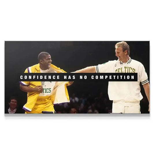 Full canvas view of Magic Johnson and Larry Bird smiling with the quote 'Bird & Magic - Confidence Has No Competition'.