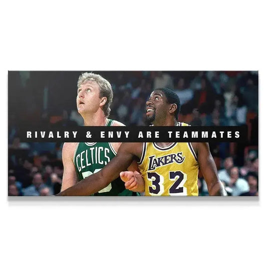Close-up view of Larry Bird and Magic Johnson staring upward, emphasizing the Bird & Magic - Rivalry and Envy dynamic on the court.