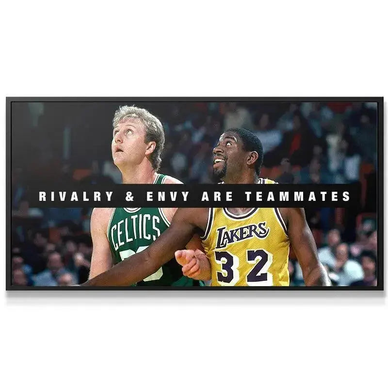 Horizontal shot of the Bird & Magic - Rivalry and Envy canvas print featuring the Celtics green and Lakers gold jerseys in high resolution.