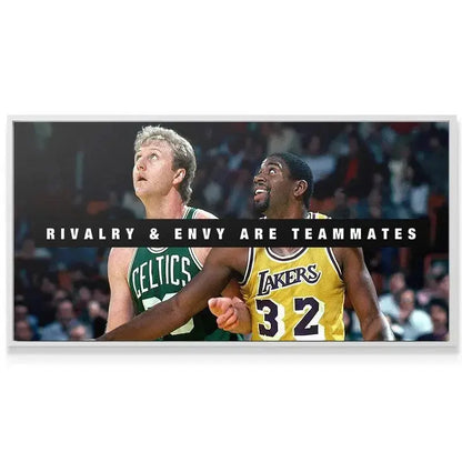 Lifestyle setting featuring the framed Bird & Magic - Rivalry and Envy wall art displayed above a modern desk or memorabilia shelf.