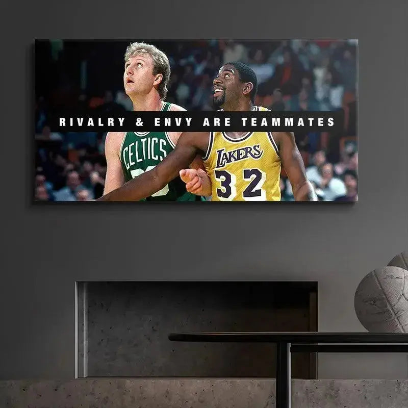 Detailed texture shot of the Bird & Magic - Rivalry and Envy print surface, highlighting the clarity of the players' faces and the black text banner.