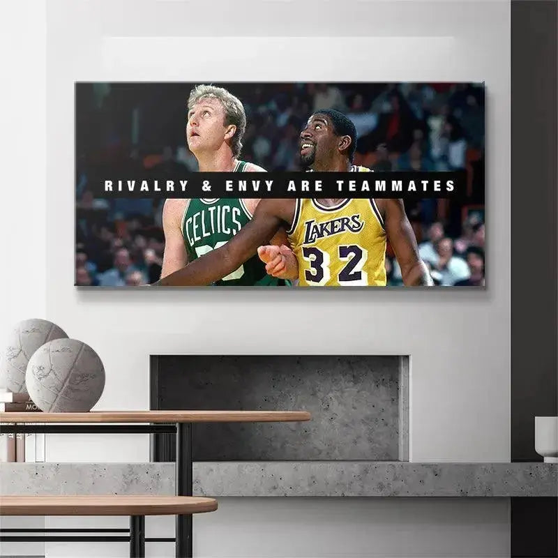 Low-angle perspective showing the intense gaze of both players, capturing the core essence of Bird & Magic - Rivalry and Envy.