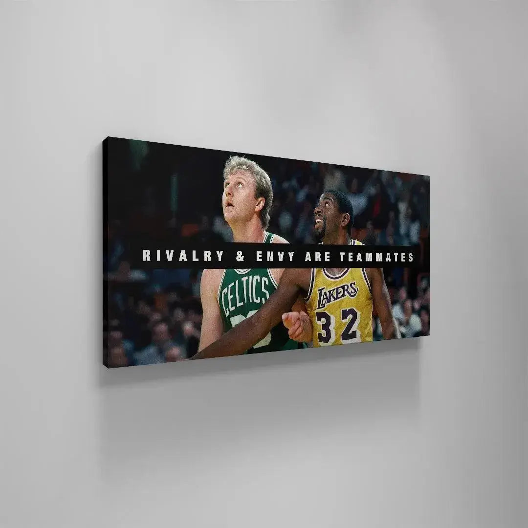 Panoramic view of the basketball legends, focusing on the contrasting colors that define the Bird & Magic - Rivalry and Envy era.