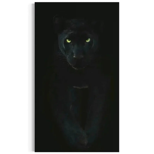 Vertical close-up of the panther's face showcasing bright green eyes in the Black panther wall art.