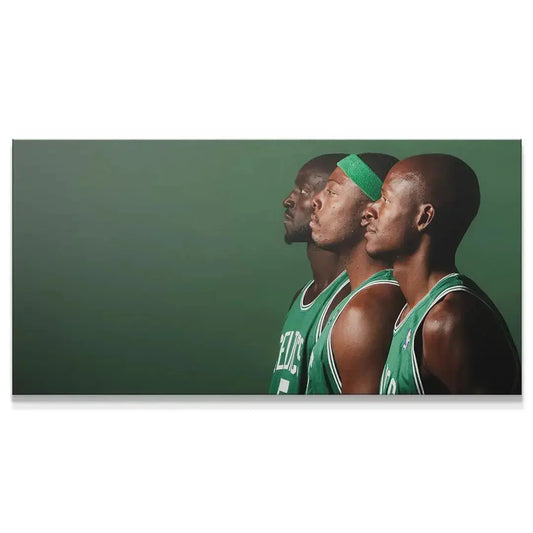 Triptych profile of the Celtics 3 - #3 against the dark green studio backdrop.