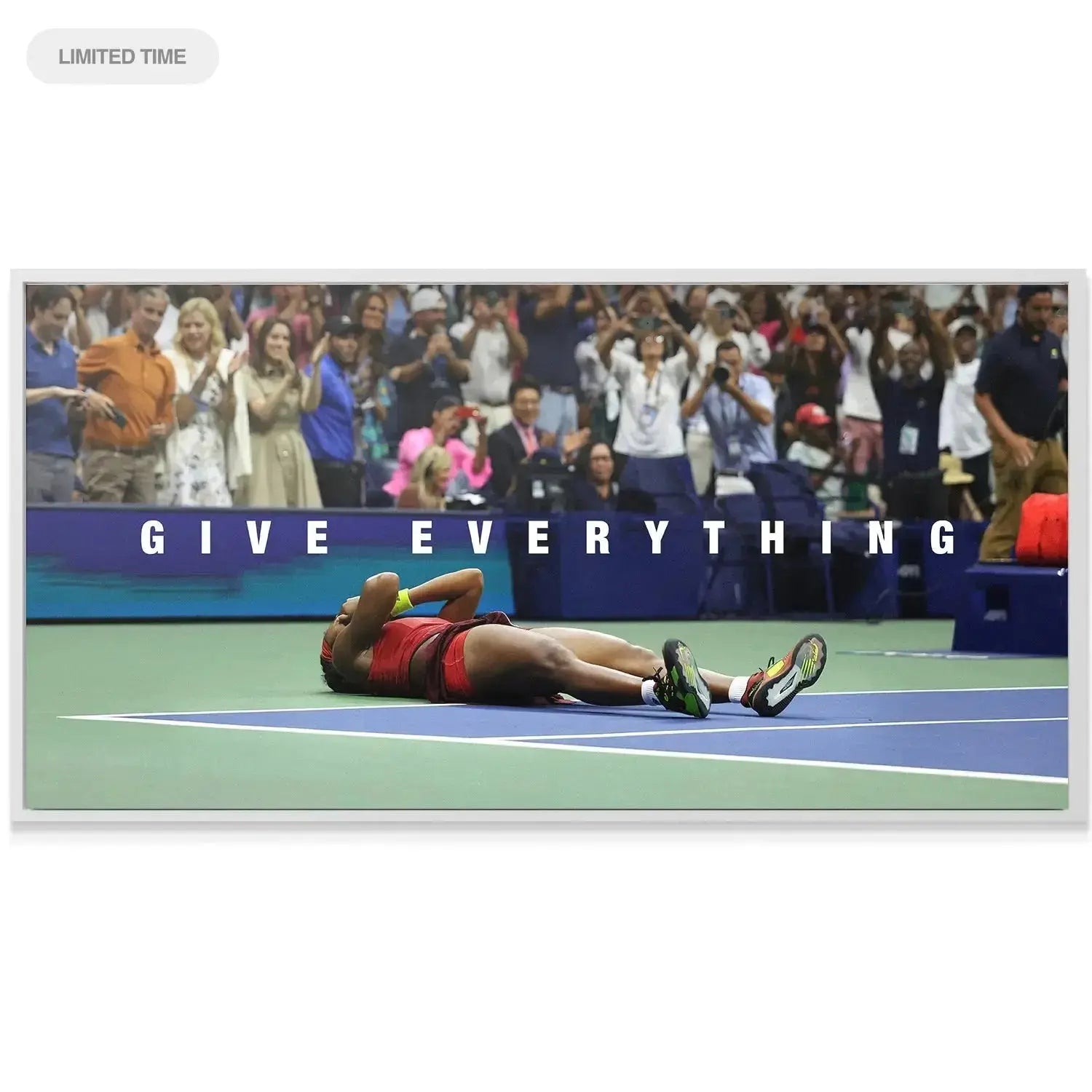 Wide angle lifestyle shot of the Coco Gauff - Give Everything motivational canvas art mounted on a modern gym wall.