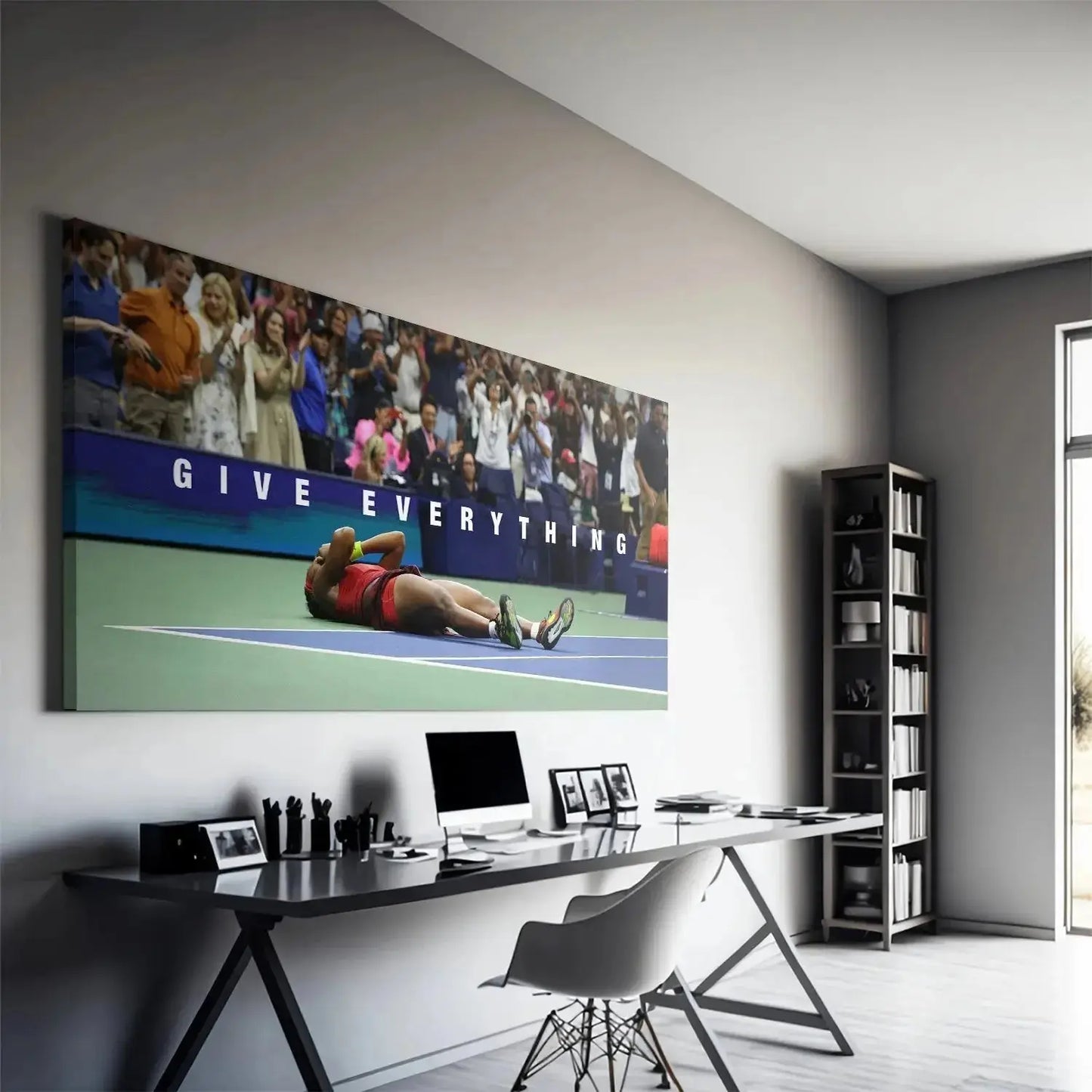 Dramatic overhead perspective of Coco Gauff - Give Everything emphasizing the contrast between the green court and Gauff's red uniform.