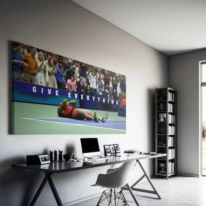 Dramatic overhead perspective of Coco Gauff - Give Everything emphasizing the contrast between the green court and Gauff's red uniform.