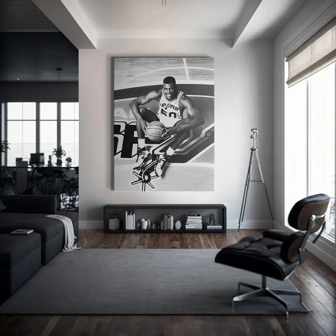 Vintage style photograph of David Robinson - #1 captured from a slightly high angle, emphasizing the court lines and setting.