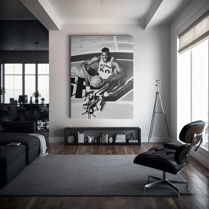 Vintage style photograph of David Robinson - #1 captured from a slightly high angle, emphasizing the court lines and setting.