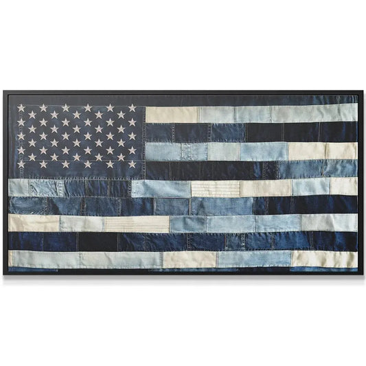 Full horizontal view of the textile art Denim USA Flag hanging on a bright wall.