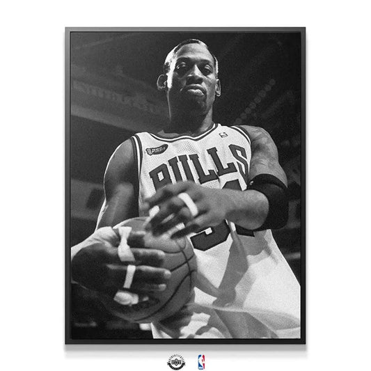 Textured black and white print of Dennis Rodman - Bullish in his Chicago Bulls jersey on the court.