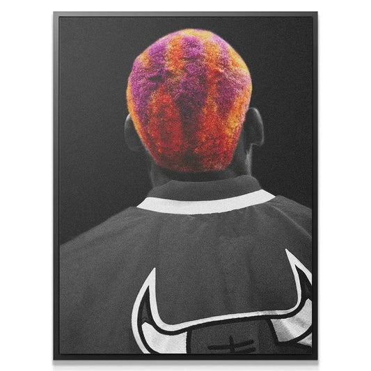 Full vertical view of the iconic Dennis Rodman - Tie Dye canvas print.
