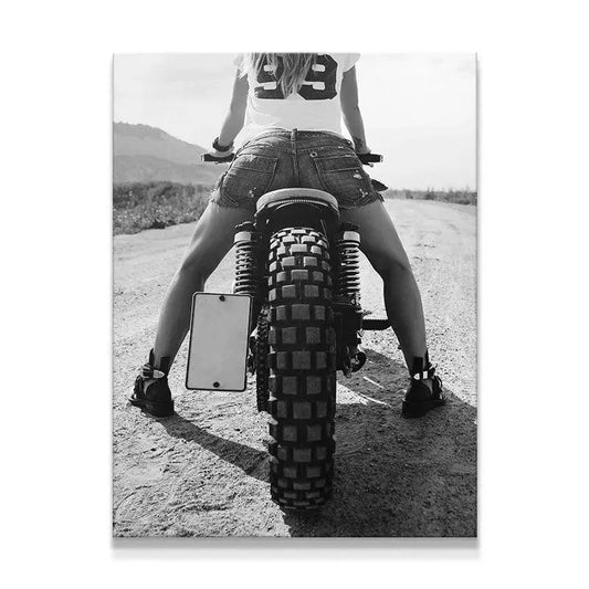 Wide shot of the rebellious figure straddling the motorcycle, titled 'Desert Rider'.