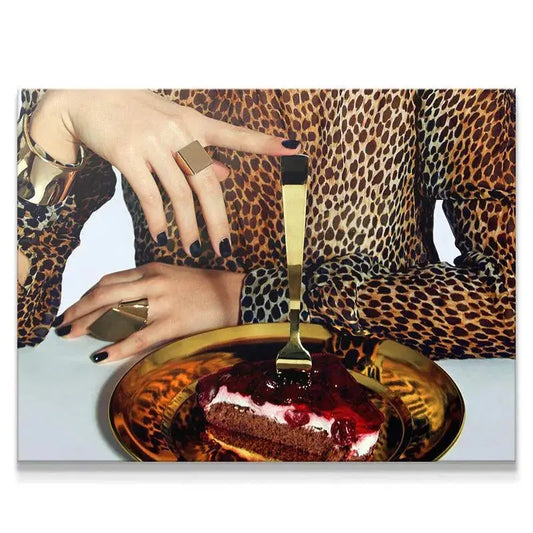 Close-up of gold fork piercing the cherry cake for 'Dessert Hunt' fine art print.