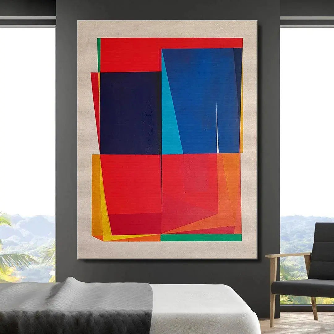 Vertical orientation of the Dexcubes art highlighting the vibrant red and deep blue sections.