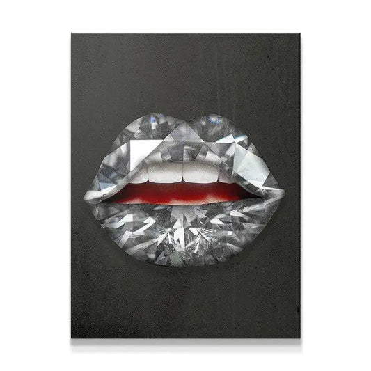 Close-up view of the detailed facets on the contemporary Diamond Lips canvas print.