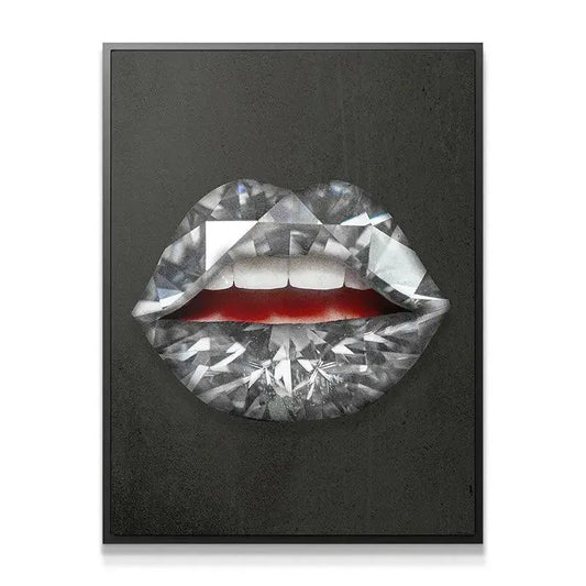 Full product shot of the striking Diamond Lips artwork against a neutral gray wall for scale.