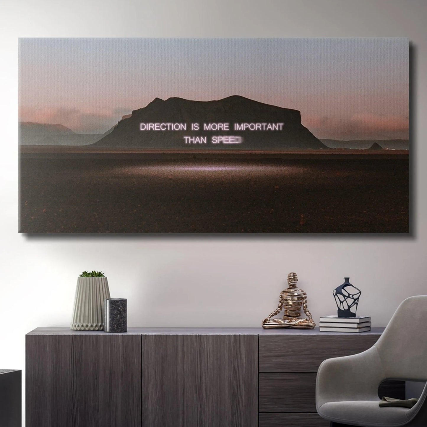 Low-angle perspective of the dark, textured field leading up to the inspirational 'Direction' artwork.