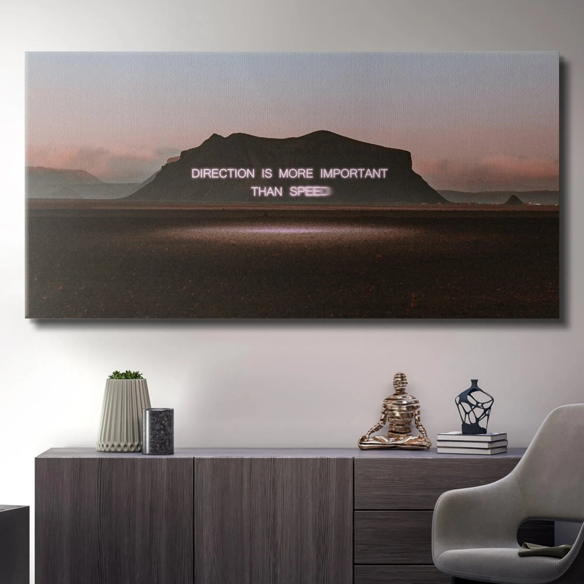 Low-angle perspective of the dark, textured field leading up to the inspirational 'Direction' artwork.