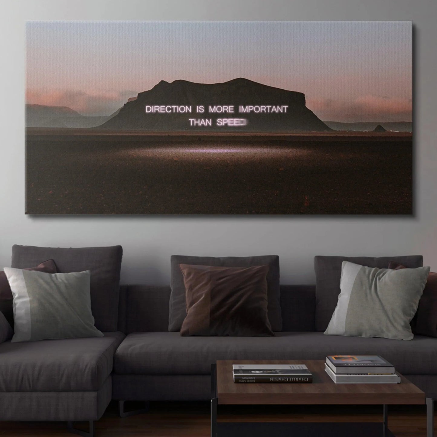Lifestyle mockup showing the 'Direction' motivational poster elegantly hanging in a modern, minimalist office setting.