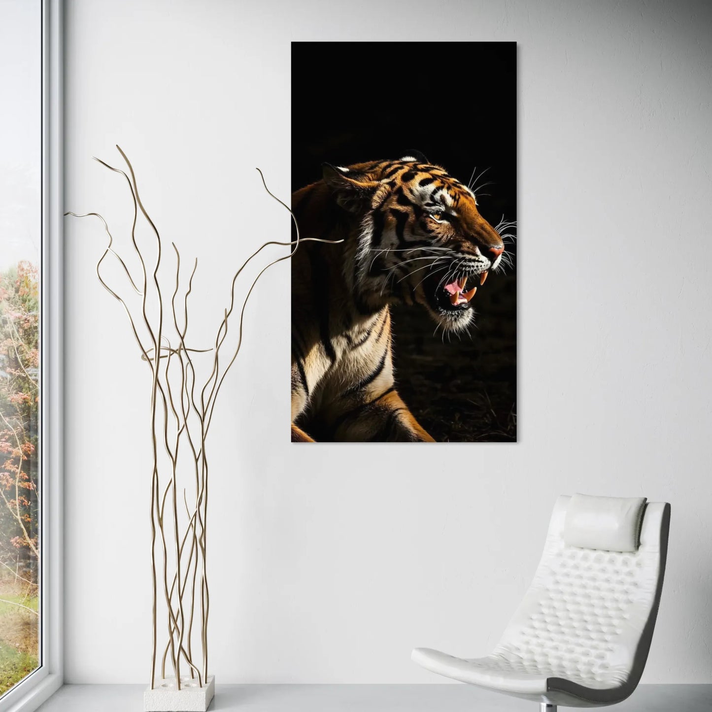 Ferocious tiger growling in a dark setting - wildlife wall art for modern interiors