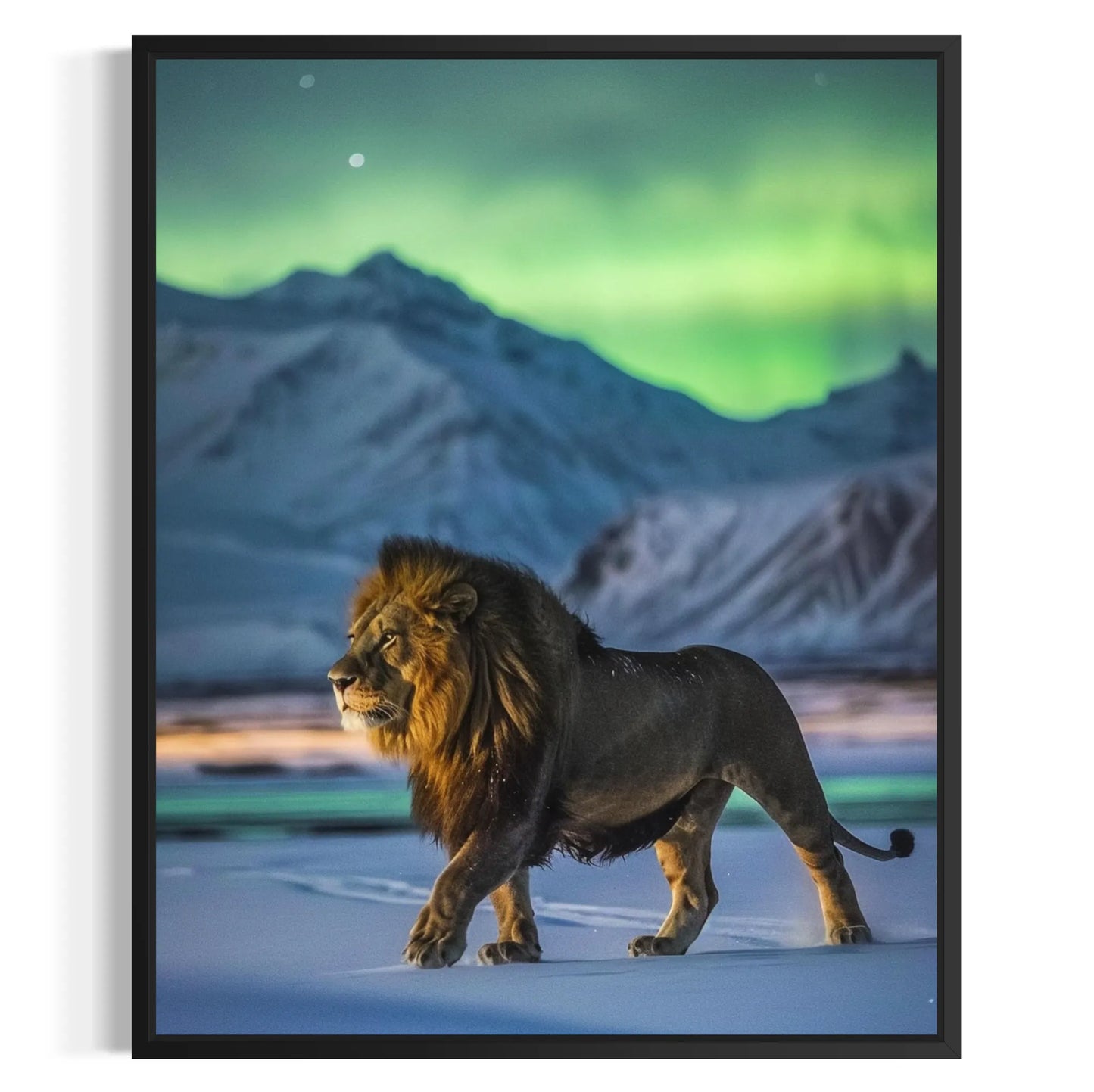 Framed lion artwork in arctic landscape with green sky – unique wildlife wall decor