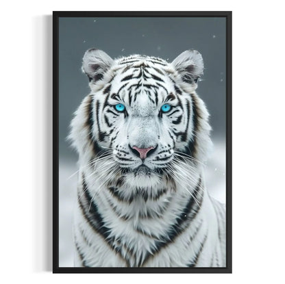 Framed white tiger with piercing eyes – wildlife photography for luxury walls