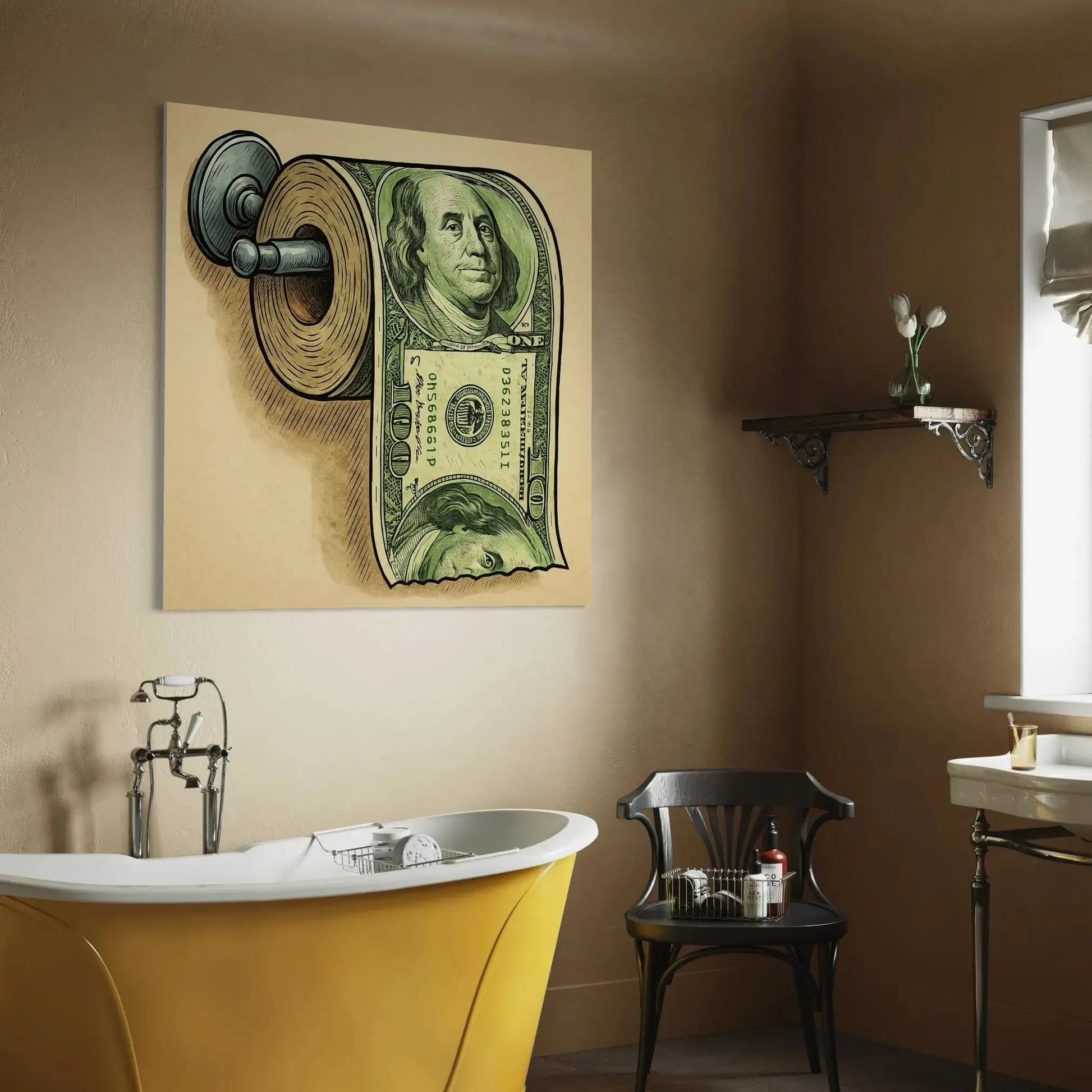 Funny Bathroom Canvas Art – Dollar Bill Toilet Paper Roll