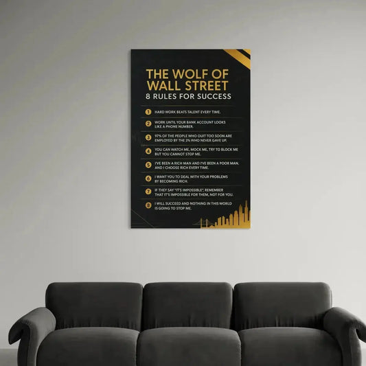 Full frontal view of the high-contrast black and gold "It’s Not Over When You Lose" wolf of wall street rules canvas hanging on a white wall