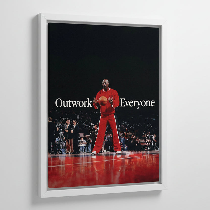 Person in red outfit holding a basketball on a sports court with 'Outwork Everyone' text.