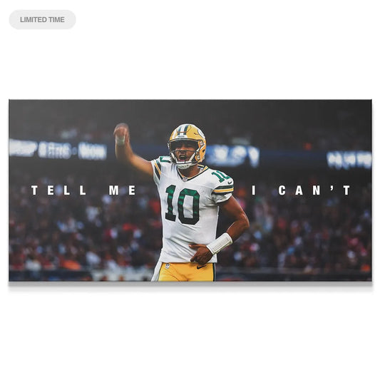 Full panoramic view of the 'Jordan Love - Tell Me I Can't' print featuring the stadium crowd background.