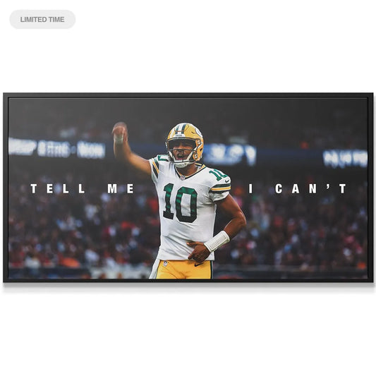 Close-up detail of Jordan Love's focused face and #10 jersey on the 'Jordan Love - Tell Me I Can't' canvas.