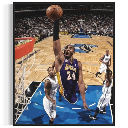 Kobe Bryant slam dunk captured mid-air – iconic Lakers basketball canvas print