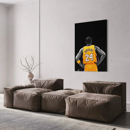 Modern living room with a large brown sectional sofa and a wall art of a basketball player in a yellow jersey.