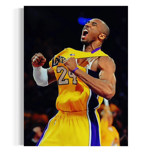 Basketball player in a yellow Lakers jersey celebrating on a dark background