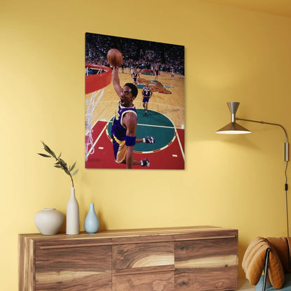 Canvas print of Kobe Bryant performing a powerful slam dunk for the Los Angeles Lakers.