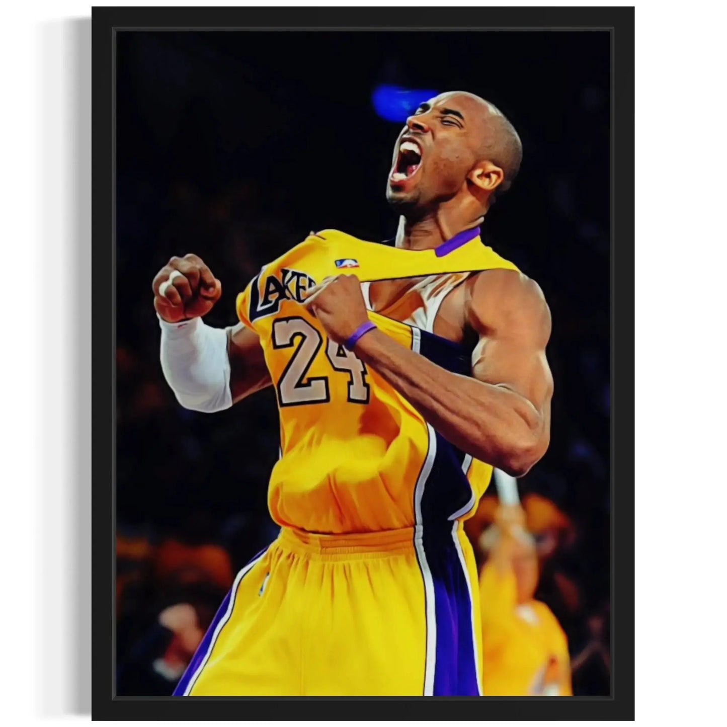 Framed poster of a basketball player in a yellow Lakers jersey with number 24.