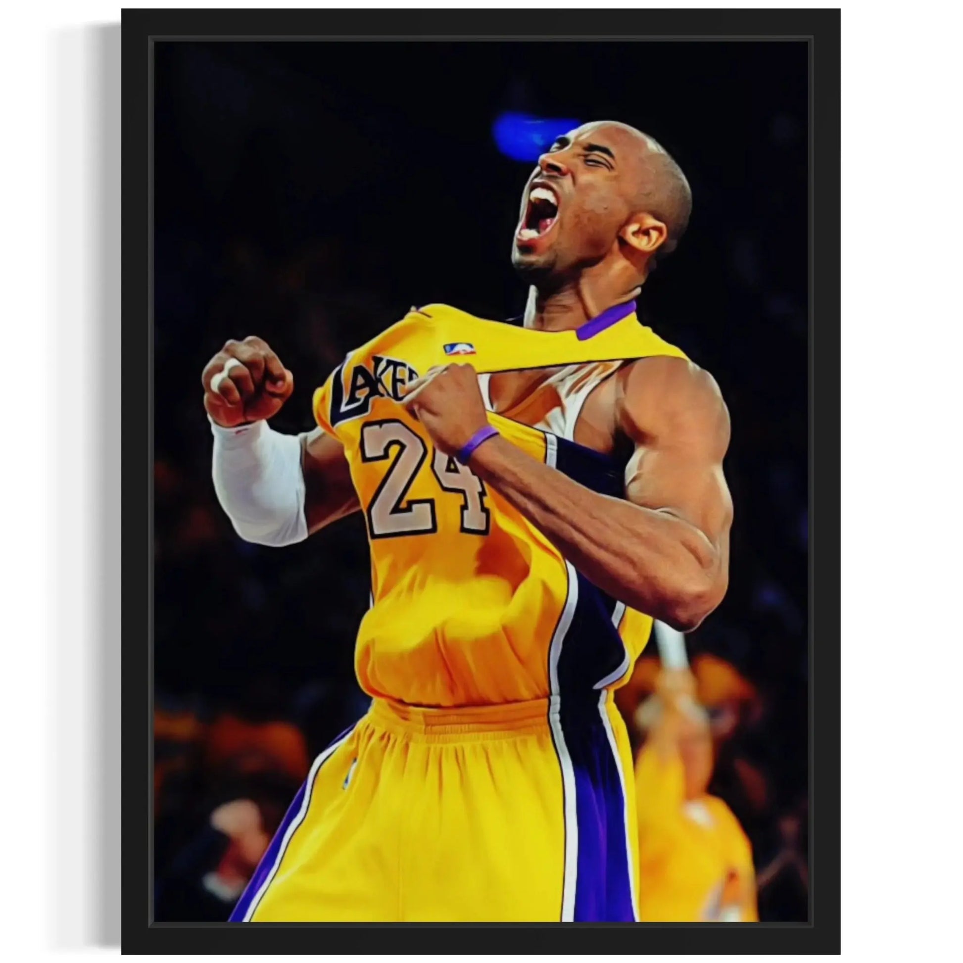 Framed poster of a basketball player in a yellow Lakers jersey with number 24.