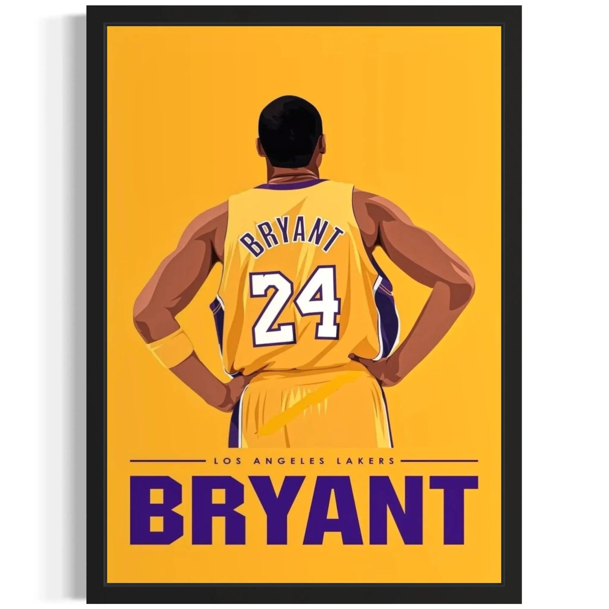 Framed poster of a basketball player in a yellow jersey with 'Bryant' and number '24' on a yellow background.