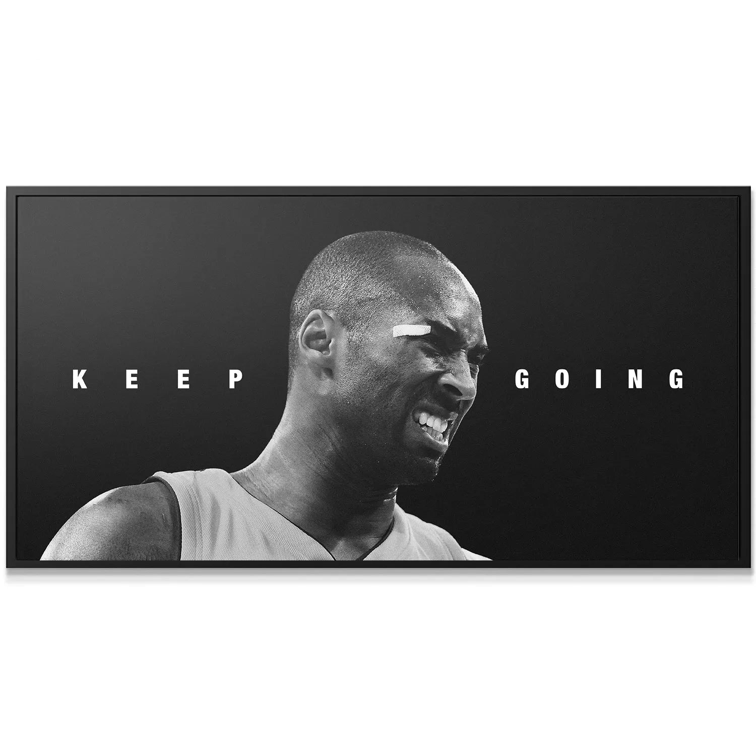 Black and white canvas art featuring the profile and physical exertion of Kobe Bryant - Keep Going.