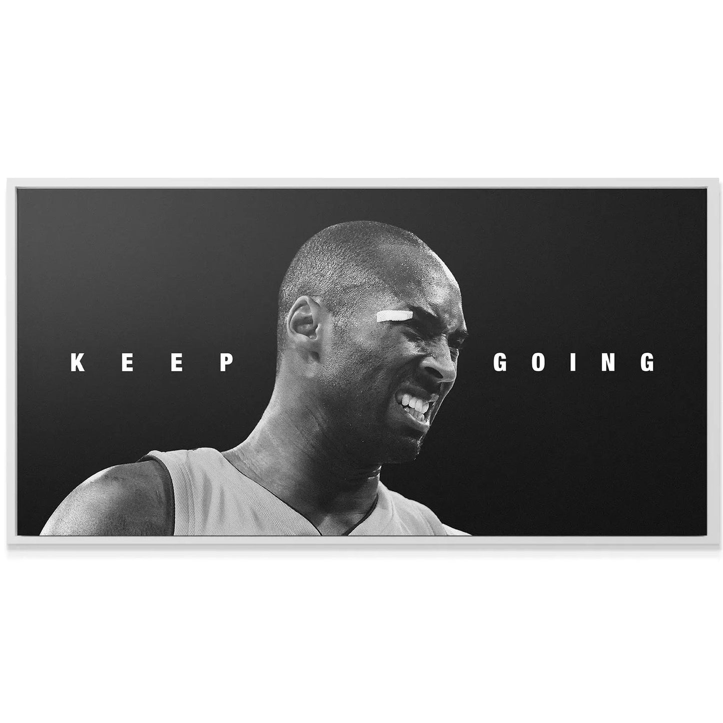 Wide view of the large poster showing the full text 'Kobe Bryant - Keep Going' on a dramatic, dark background.