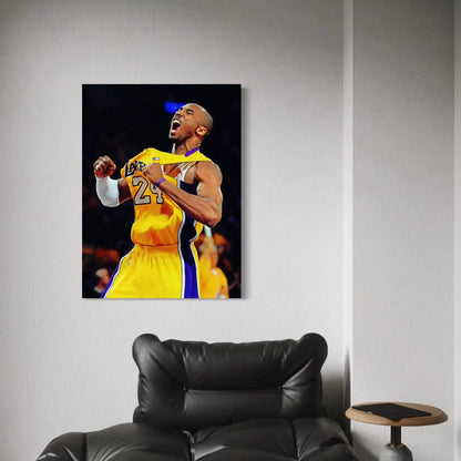 Canvas print of a basketball player in a yellow jersey on a wall above a black leather chair.