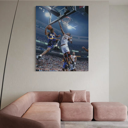 Kobe Bryant Lakers vs 76ers canvas art displayed in a stylish living room.