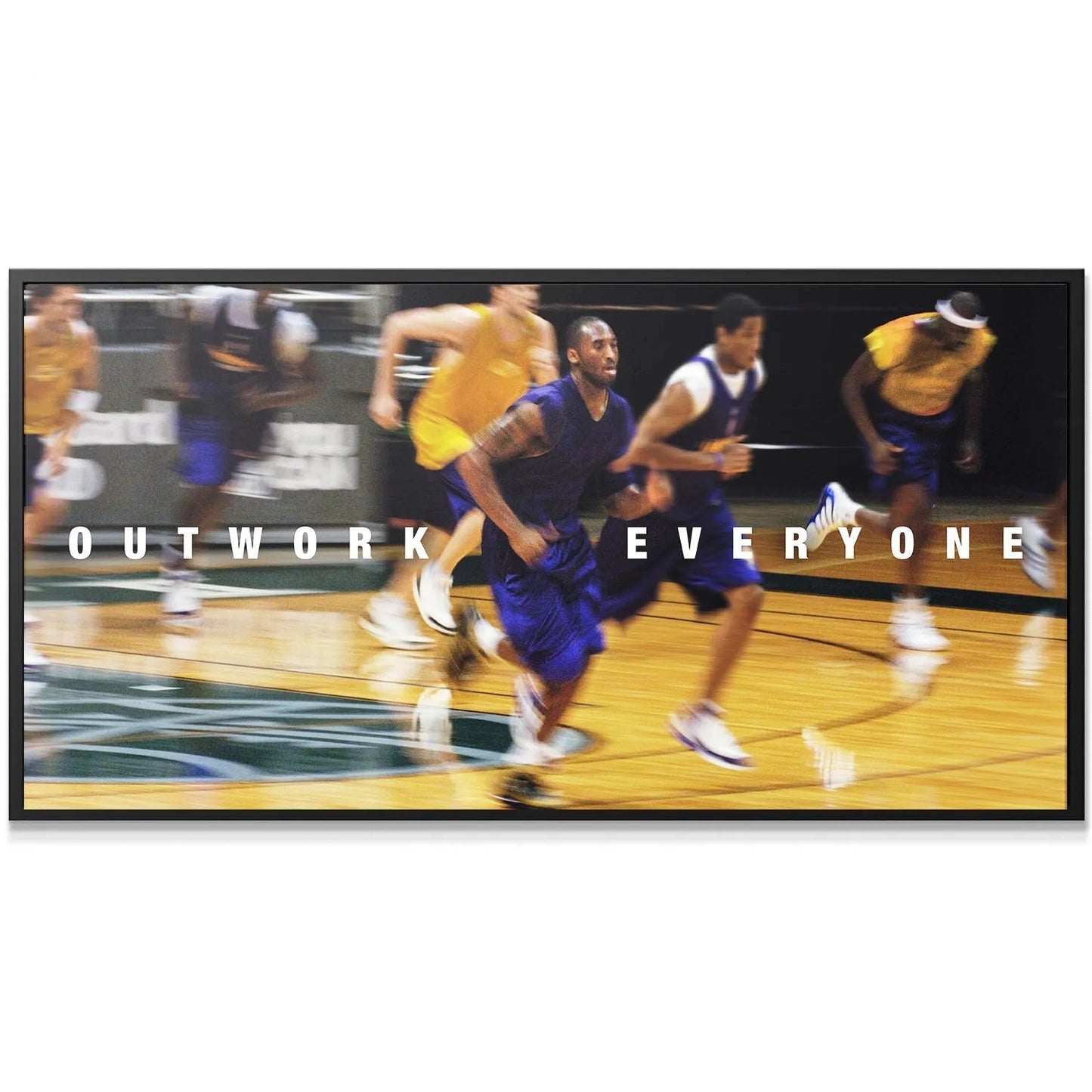 Wide angle view capturing the full team practice intensity on the basketball court: Kobe - Jog - Outwork Everyone.