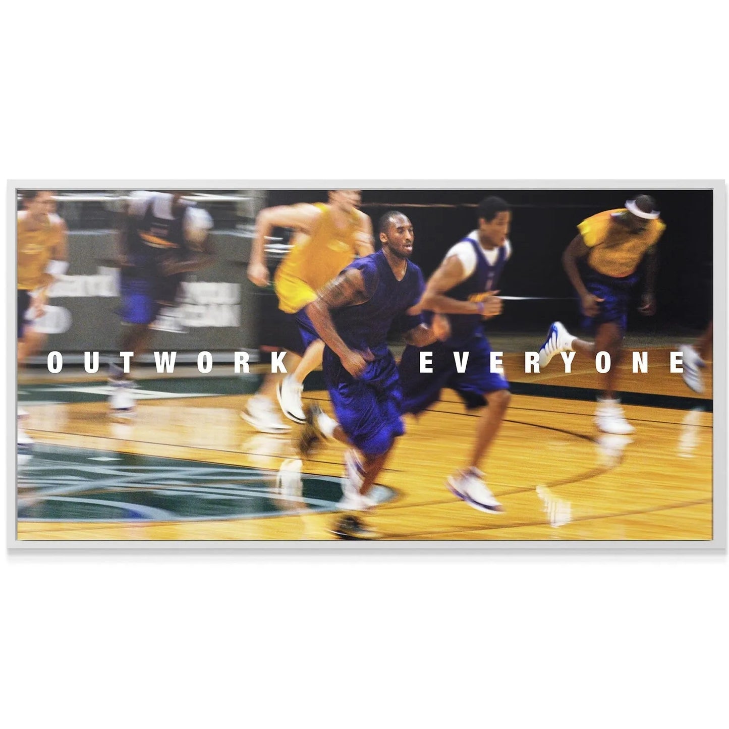 Detailed texture of the glossy hardwood floor beneath the running figures: Kobe - Jog - Outwork Everyone.