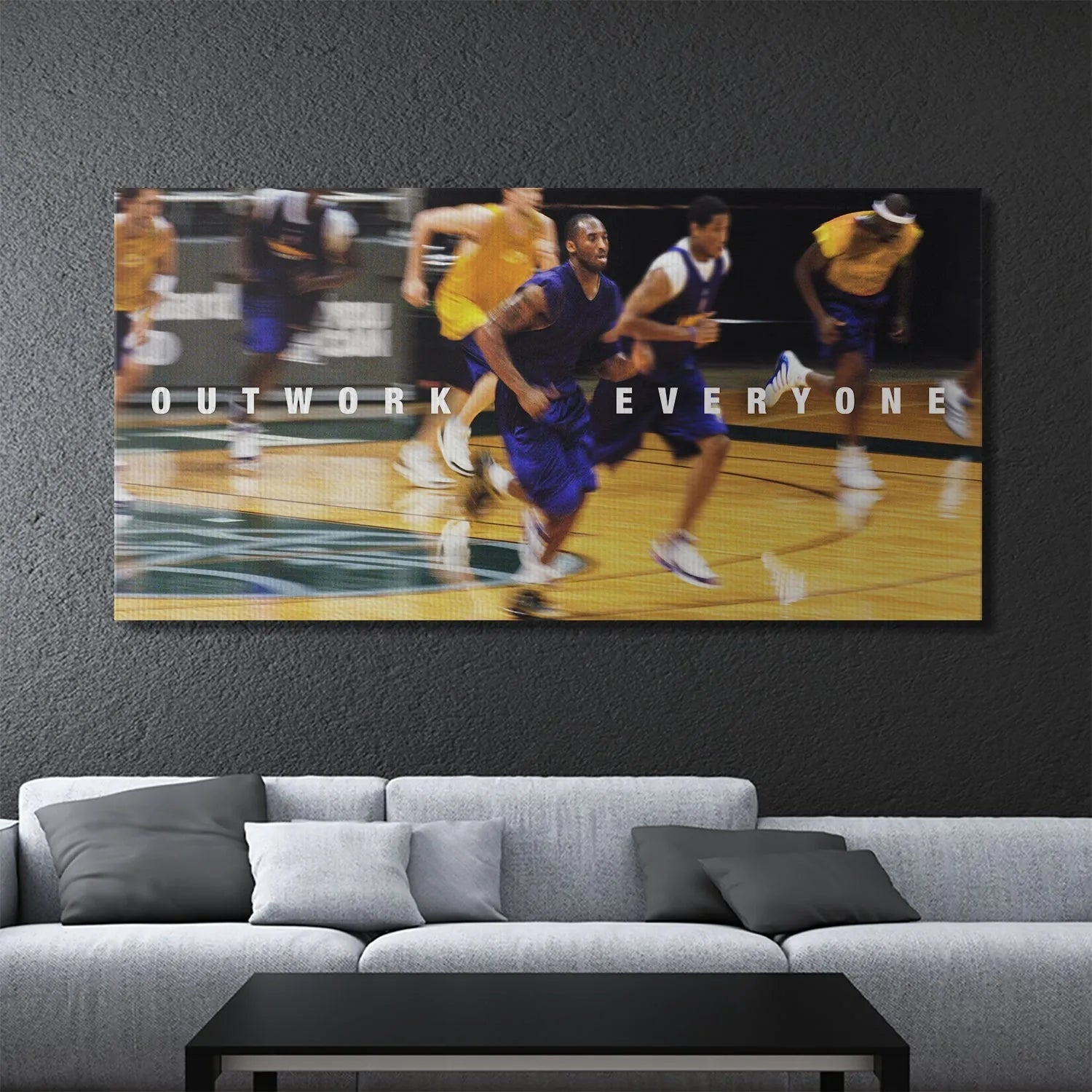 Motion blur effect emphasizing the speed and effort of the athletes during the drill: Kobe - Jog - Outwork Everyone.